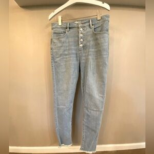 Loft curvy skinny button fly light denim , fringe bottom